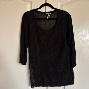 Marseille black lace front crewneck 3/4 sleeve top size Large